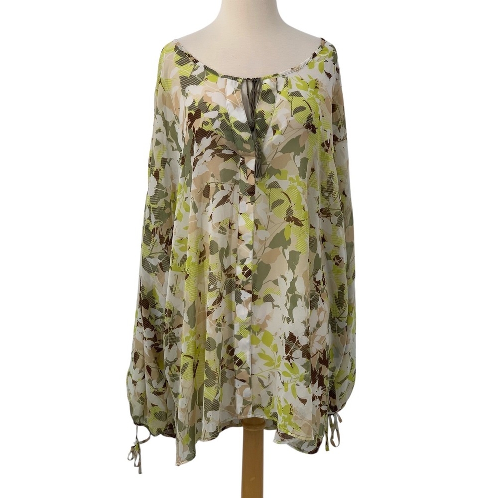 Lane Bryant Long Sleeve Hi-Low Tassel Tunic Green Brown‎ White Floral Size 26/28